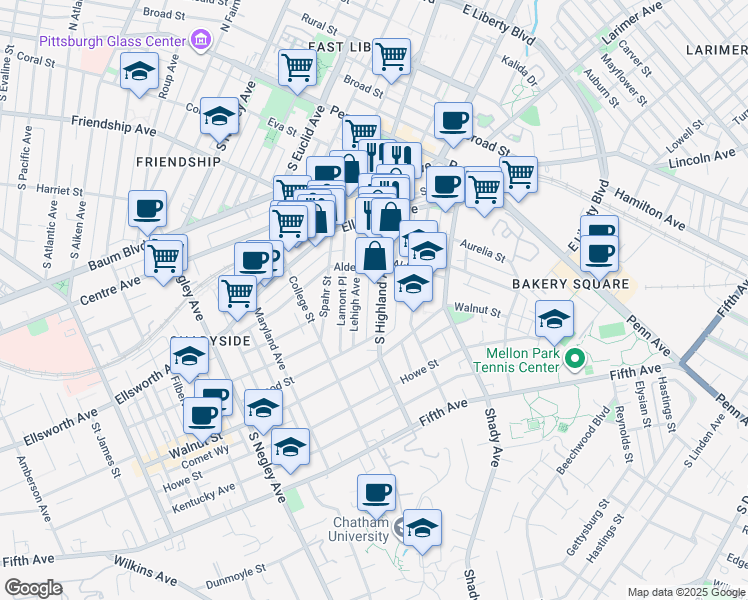 map of restaurants, bars, coffee shops, grocery stores, and more near 319 Lehigh Avenue in Pittsburgh