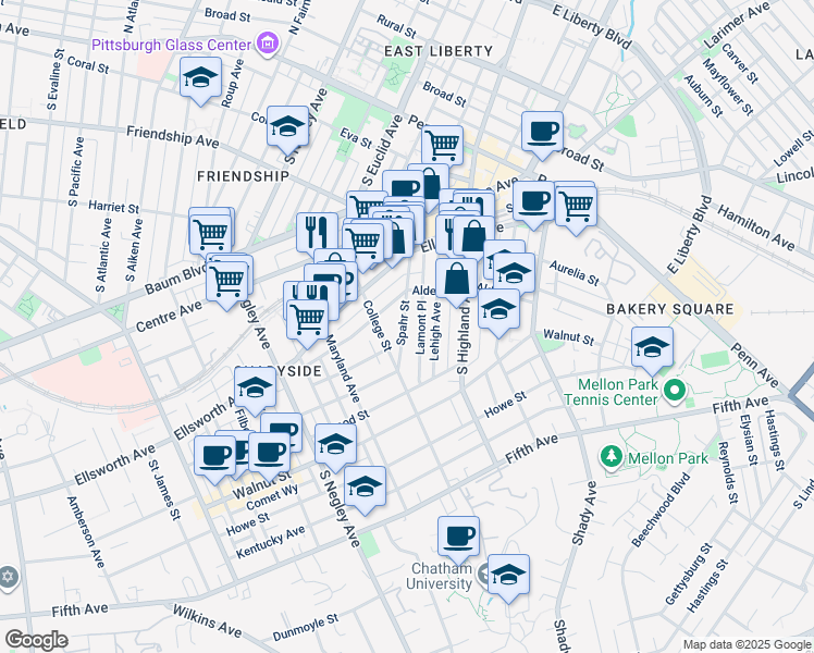 map of restaurants, bars, coffee shops, grocery stores, and more near 321 Spahr Street in Pittsburgh