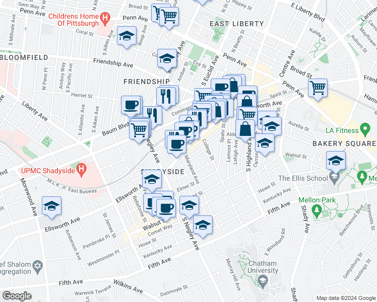map of restaurants, bars, coffee shops, grocery stores, and more near 5817 Alder Street in Pittsburgh