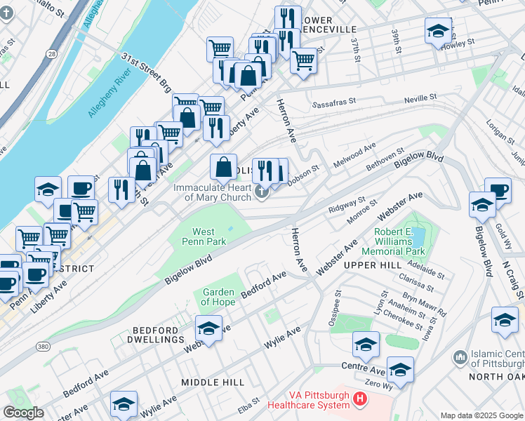 map of restaurants, bars, coffee shops, grocery stores, and more near 3058 Brereton Street in Pittsburgh