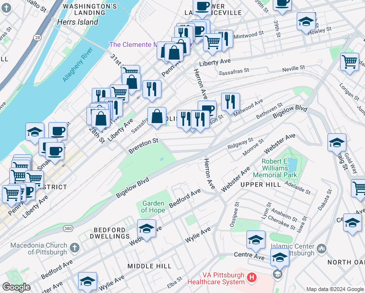 map of restaurants, bars, coffee shops, grocery stores, and more near 3058 Brereton Street in Pittsburgh