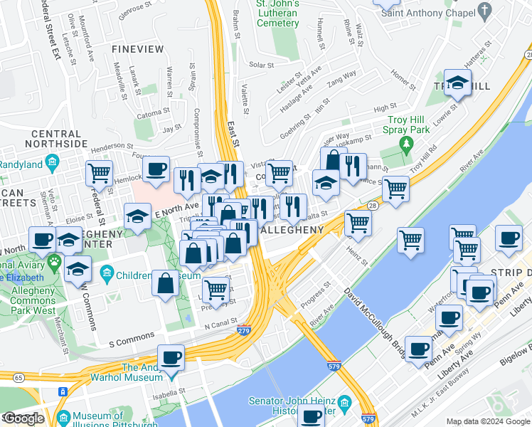 map of restaurants, bars, coffee shops, grocery stores, and more near 829 Tripoli Street in Pittsburgh