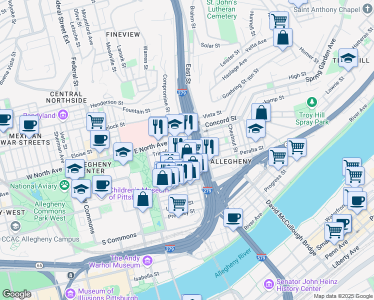 map of restaurants, bars, coffee shops, grocery stores, and more near 601 East North Avenue in Pittsburgh
