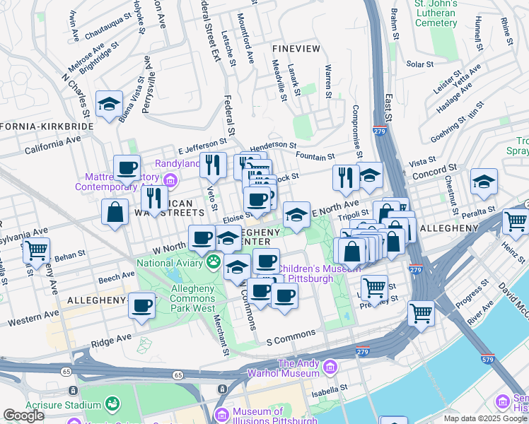 map of restaurants, bars, coffee shops, grocery stores, and more near 1221 Federal Street in Pittsburgh