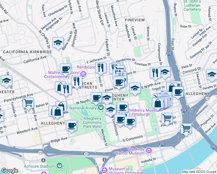 map of restaurants, bars, coffee shops, grocery stores, and more near 1231 Butterfield Way in Pittsburgh