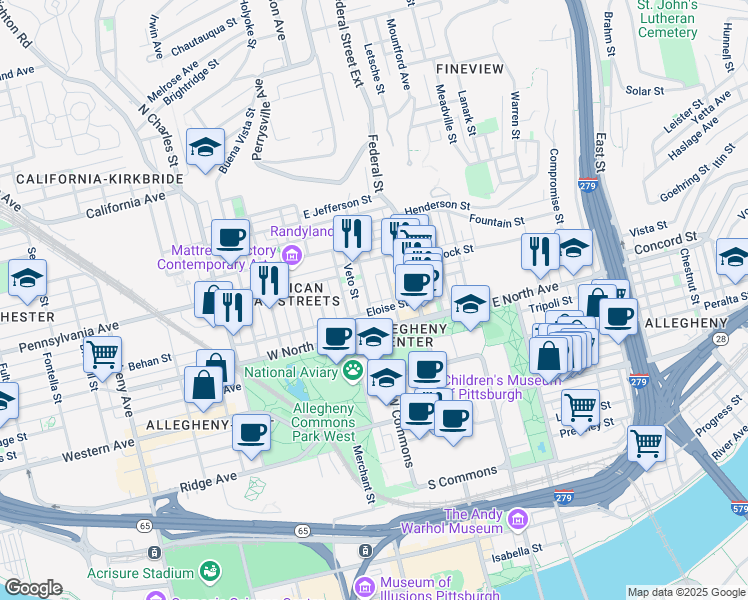 map of restaurants, bars, coffee shops, grocery stores, and more near 1231 Butterfield Way in Pittsburgh