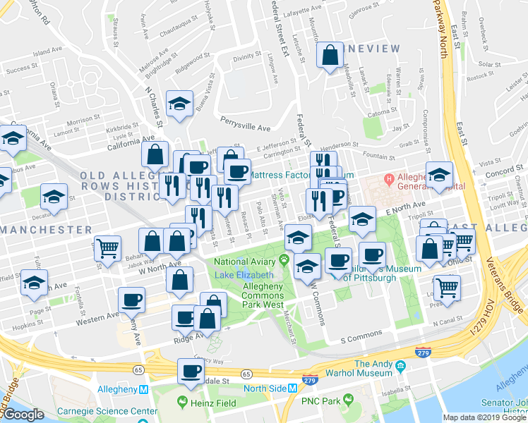 map of restaurants, bars, coffee shops, grocery stores, and more near 409 North Taylor Avenue in Pittsburgh