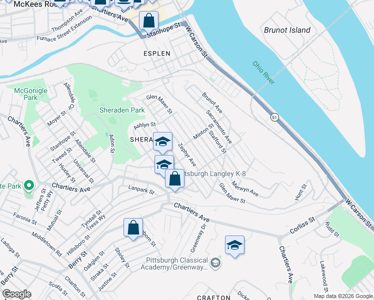 map of restaurants, bars, coffee shops, grocery stores, and more near 3004 Zephyr Avenue in Pittsburgh