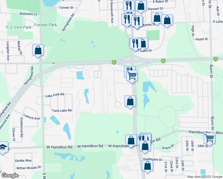 map of restaurants, bars, coffee shops, grocery stores, and more near 14 Ronald Drive in Bloomington
