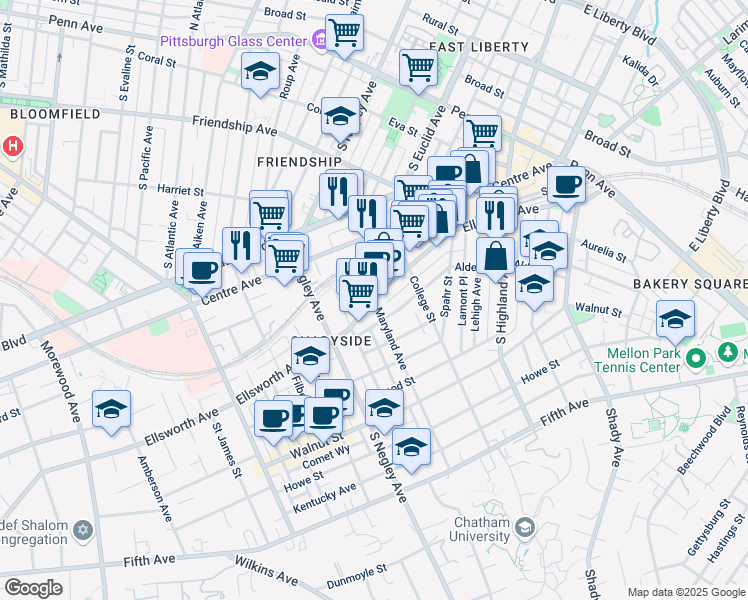 map of restaurants, bars, coffee shops, grocery stores, and more near Ellsworth Avenue & Maryland Avenue in Pittsburgh