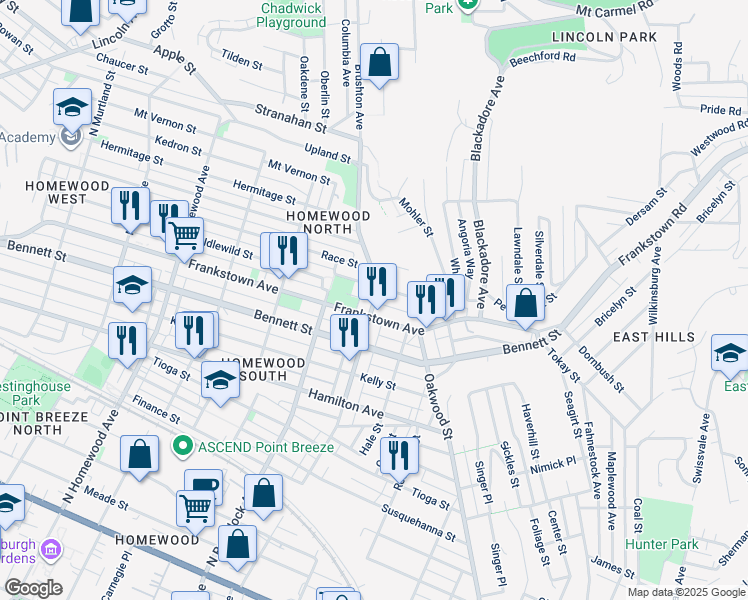 map of restaurants, bars, coffee shops, grocery stores, and more near 925 Brushton Avenue in Pittsburgh