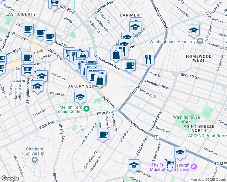 map of restaurants, bars, coffee shops, grocery stores, and more near 6555 Penn Avenue in Pittsburgh
