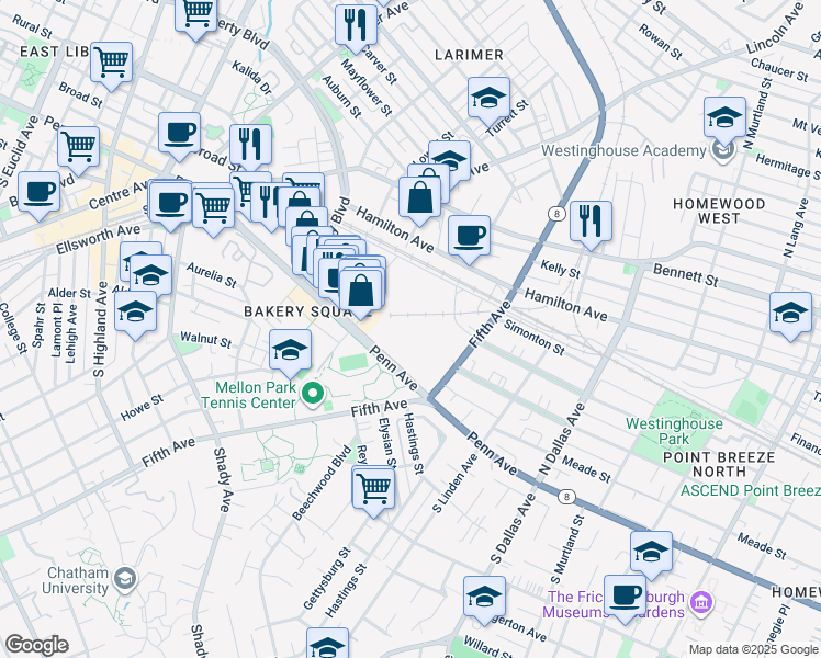 map of restaurants, bars, coffee shops, grocery stores, and more near 6555 Penn Avenue in Pittsburgh