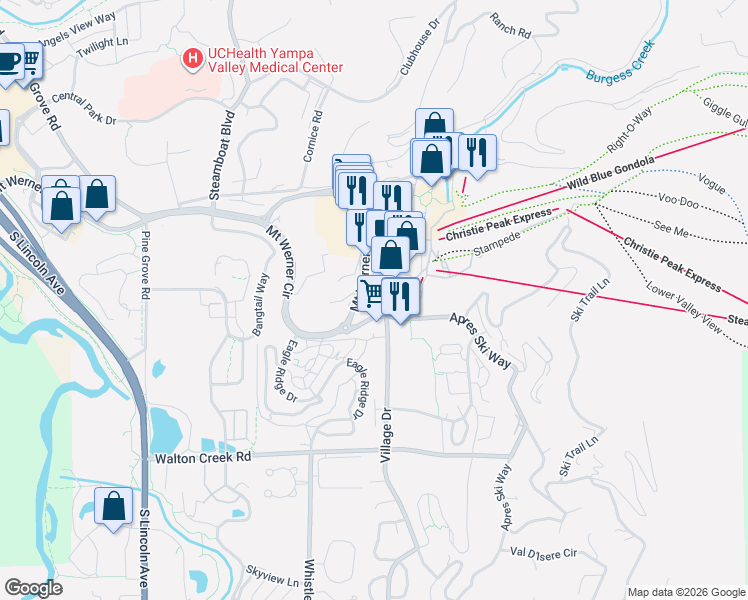 map of restaurants, bars, coffee shops, grocery stores, and more near 2250 Apres Ski Way in Steamboat Springs