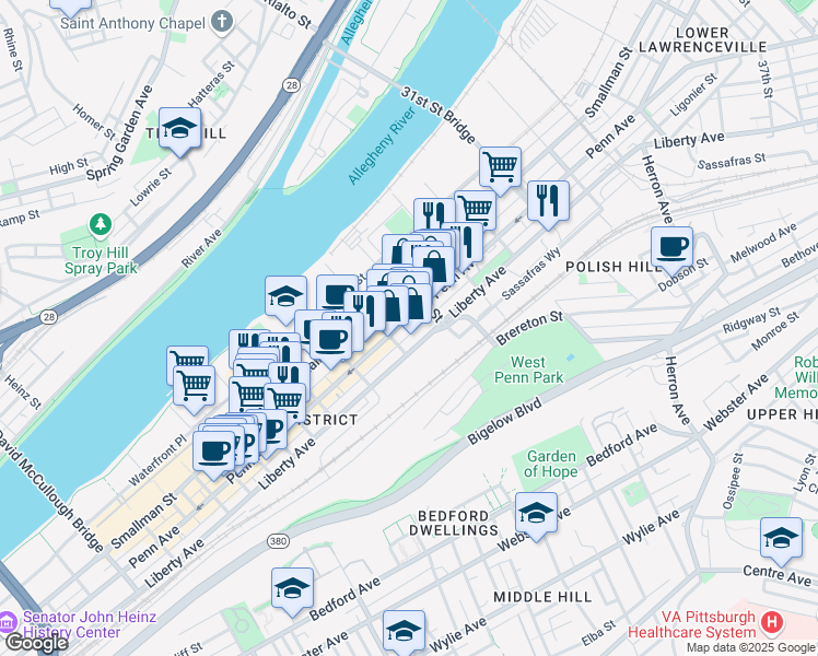map of restaurants, bars, coffee shops, grocery stores, and more near 2744 Spring Way in Pittsburgh
