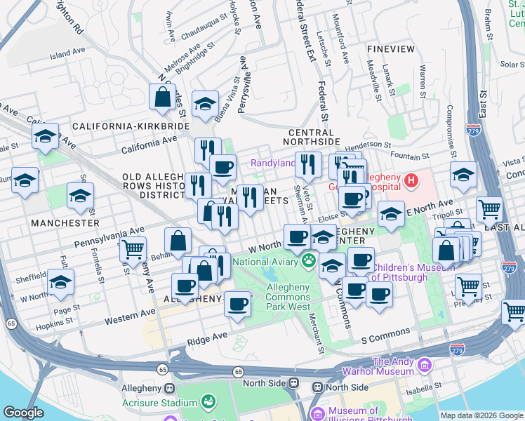 map of restaurants, bars, coffee shops, grocery stores, and more near in Pittsburgh