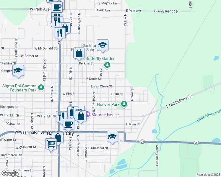 map of restaurants, bars, coffee shops, grocery stores, and more near 500 East Van Cleve Street in Hartford City