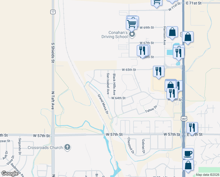 map of restaurants, bars, coffee shops, grocery stores, and more near 6447 San Isabel Avenue in Loveland
