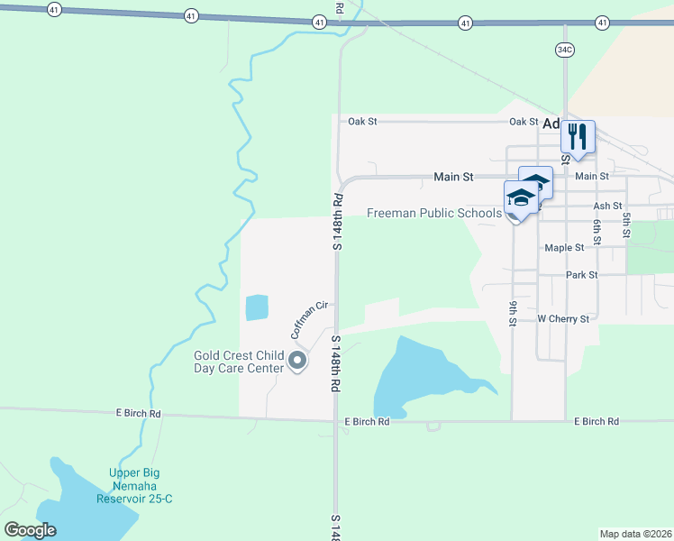 map of restaurants, bars, coffee shops, grocery stores, and more near South 148th Road in Adams