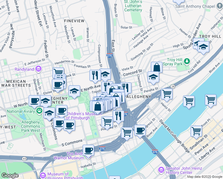 map of restaurants, bars, coffee shops, grocery stores, and more near 601 East North Avenue in Pittsburgh