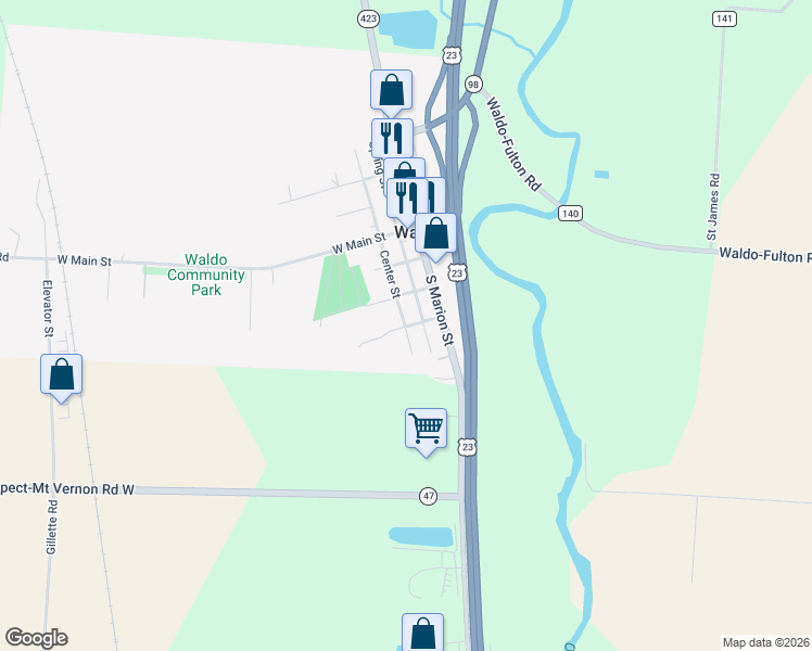 map of restaurants, bars, coffee shops, grocery stores, and more near 216 Center St in Waldo