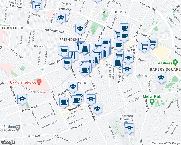 map of restaurants, bars, coffee shops, grocery stores, and more near 5817 Alder Street in Pittsburgh