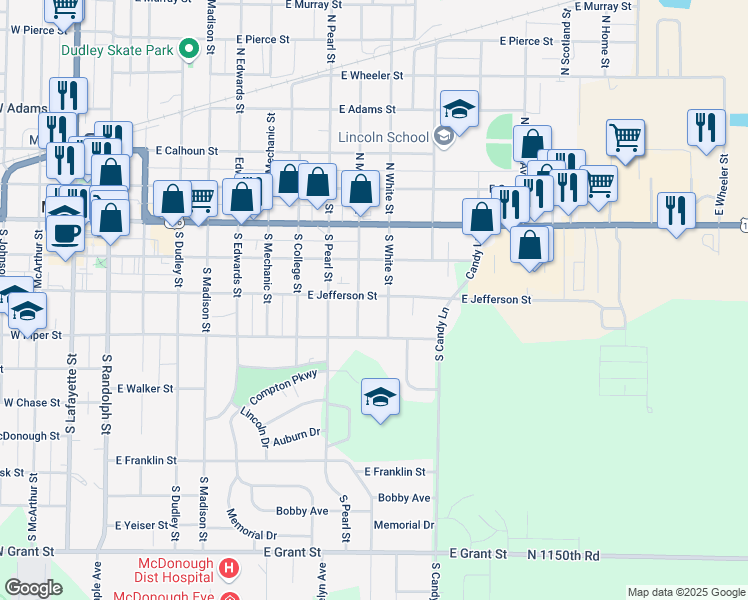 map of restaurants, bars, coffee shops, grocery stores, and more near 1021 East Jefferson Street in Macomb