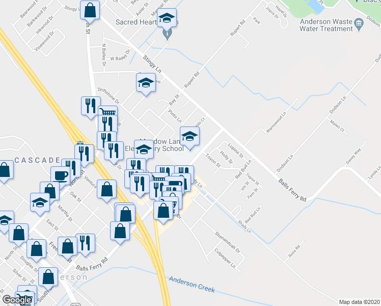 map of restaurants, bars, coffee shops, grocery stores, and more near 2770 Balls Ferry Road in Anderson