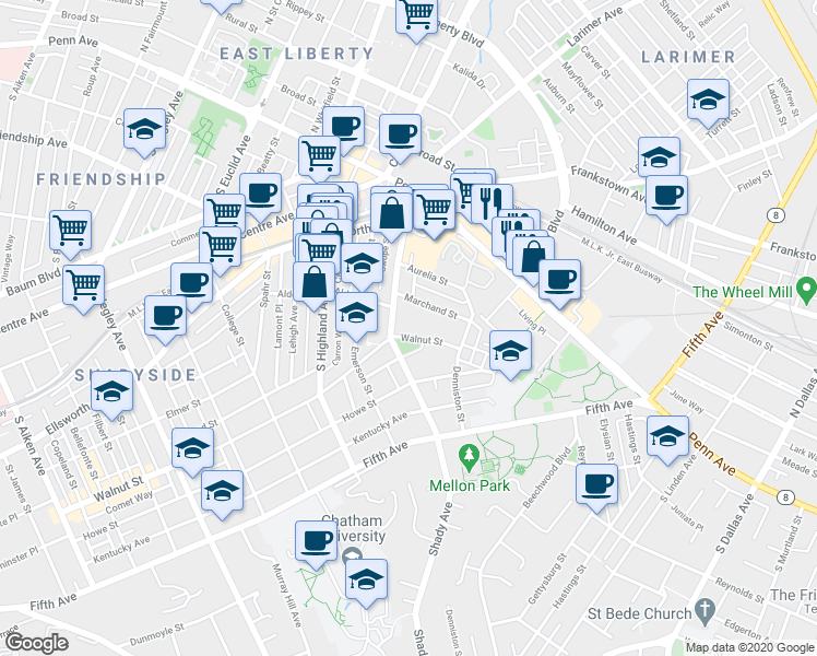 map of restaurants, bars, coffee shops, grocery stores, and more near 315 Shady Avenue in Pittsburgh