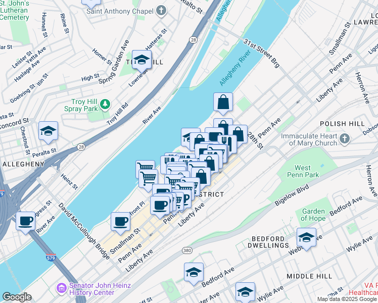 map of restaurants, bars, coffee shops, grocery stores, and more near 2545 Railroad Street in Pittsburgh