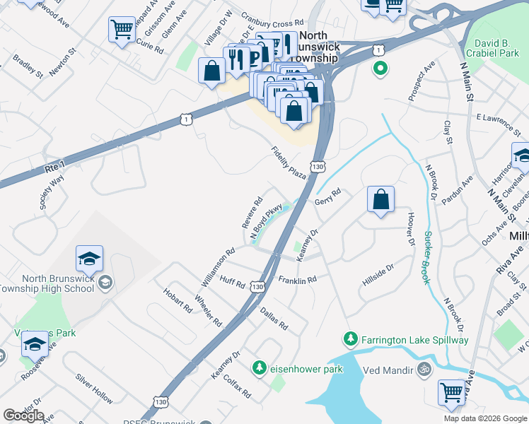 map of restaurants, bars, coffee shops, grocery stores, and more near 1109 North Boyd Parkway in North Brunswick Township