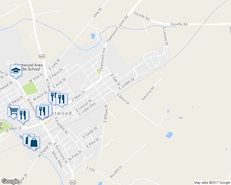 map of restaurants, bars, coffee shops, grocery stores, and more near 249 South Beech Street in Fleetwood