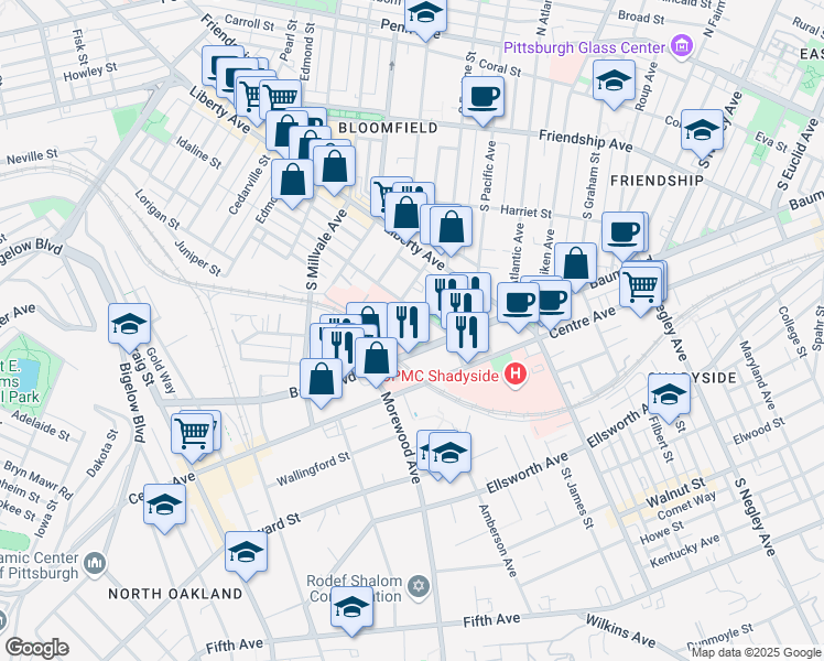 map of restaurants, bars, coffee shops, grocery stores, and more near 5137 Woodworth Street in Pittsburgh