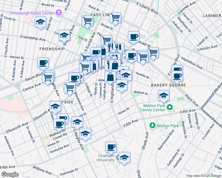 map of restaurants, bars, coffee shops, grocery stores, and more near 340 South Highland Avenue in Pittsburgh