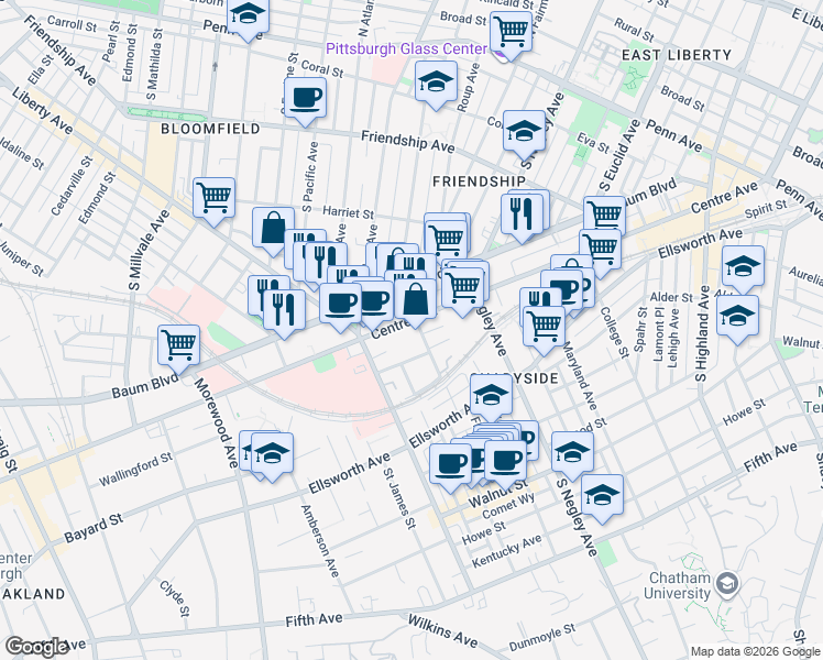 map of restaurants, bars, coffee shops, grocery stores, and more near in Pittsburgh