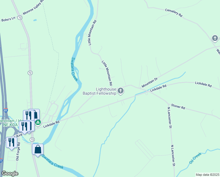 map of restaurants, bars, coffee shops, grocery stores, and more near 7 Little Mountain Road in Jonestown