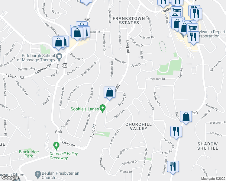map of restaurants, bars, coffee shops, grocery stores, and more near 478 Long Road in Penn Hills