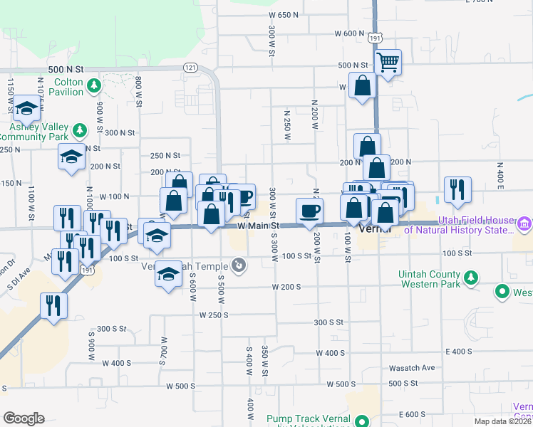 map of restaurants, bars, coffee shops, grocery stores, and more near 53 North 300 West in Vernal