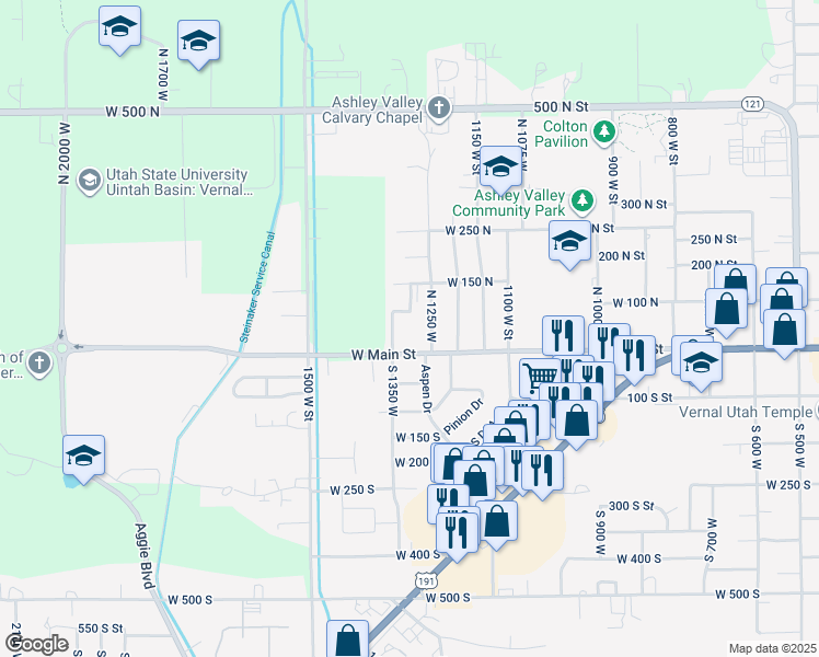 map of restaurants, bars, coffee shops, grocery stores, and more near 1350 West 150 North in Vernal