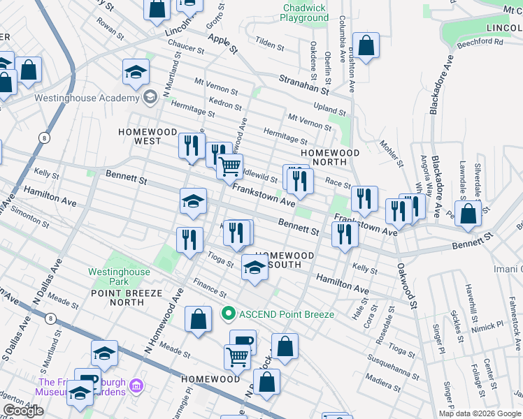 map of restaurants, bars, coffee shops, grocery stores, and more near in Pittsburgh