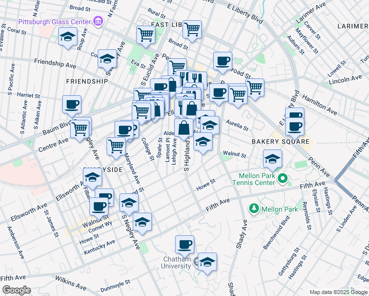 map of restaurants, bars, coffee shops, grocery stores, and more near 319 Lehigh Avenue in Pittsburgh