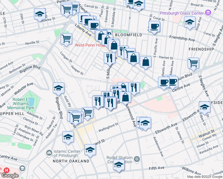 map of restaurants, bars, coffee shops, grocery stores, and more near 185 Morewood Avenue in Pittsburgh