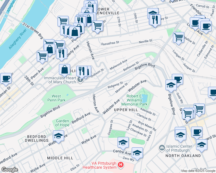 map of restaurants, bars, coffee shops, grocery stores, and more near in Pittsburgh