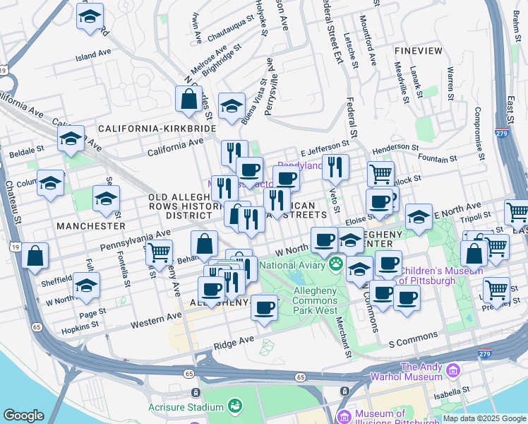 map of restaurants, bars, coffee shops, grocery stores, and more near 1403 Buena Vista Street in Pittsburgh