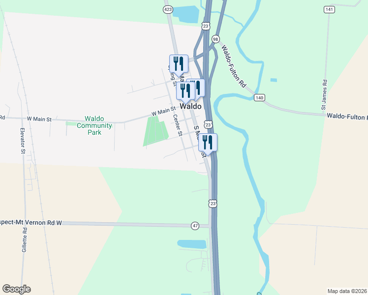 map of restaurants, bars, coffee shops, grocery stores, and more near 200-216 Center St in Waldo