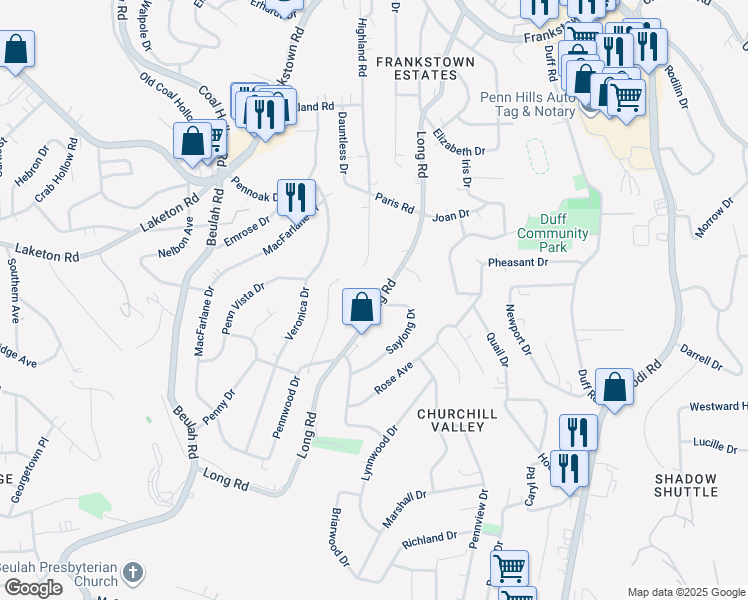 map of restaurants, bars, coffee shops, grocery stores, and more near 476 Long Road in Pittsburgh