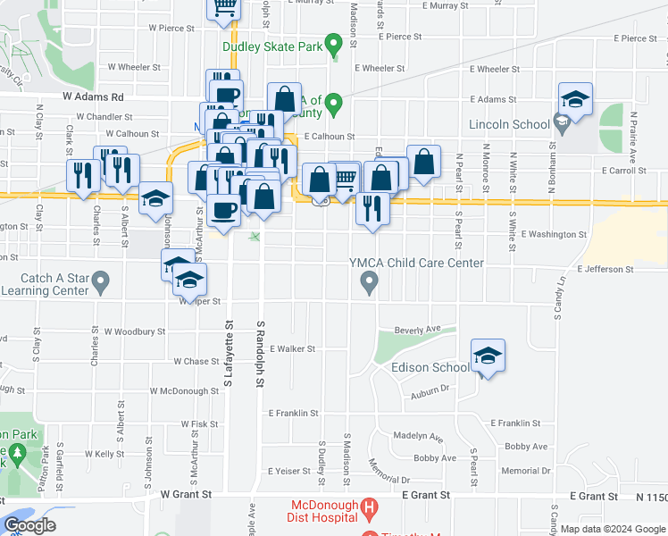 map of restaurants, bars, coffee shops, grocery stores, and more near 405 East Jefferson Street in Macomb