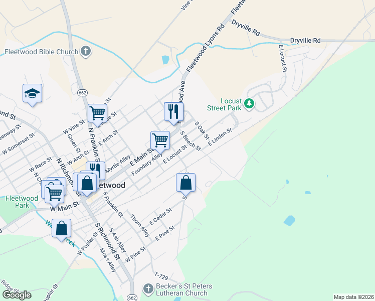 map of restaurants, bars, coffee shops, grocery stores, and more near 317 East Locust Street in Fleetwood