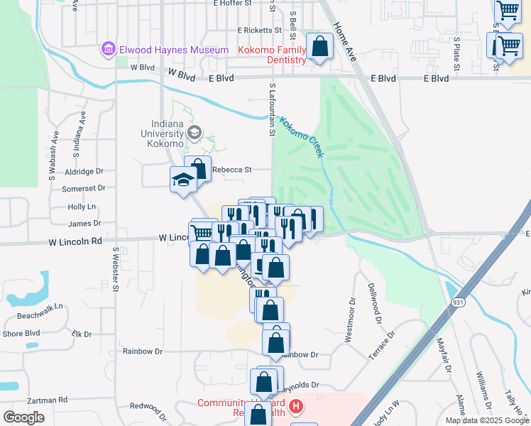 map of restaurants, bars, coffee shops, grocery stores, and more near 2725 South Lafountain Street in Kokomo