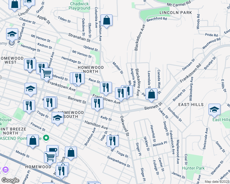 map of restaurants, bars, coffee shops, grocery stores, and more near in Pittsburgh